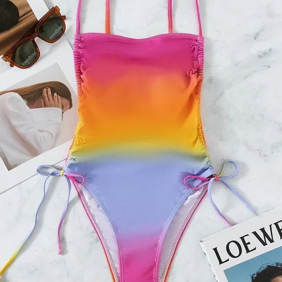 New Ombre Drawstring Side One Piece Swimsuit Rainbow - Picture 4 of 6